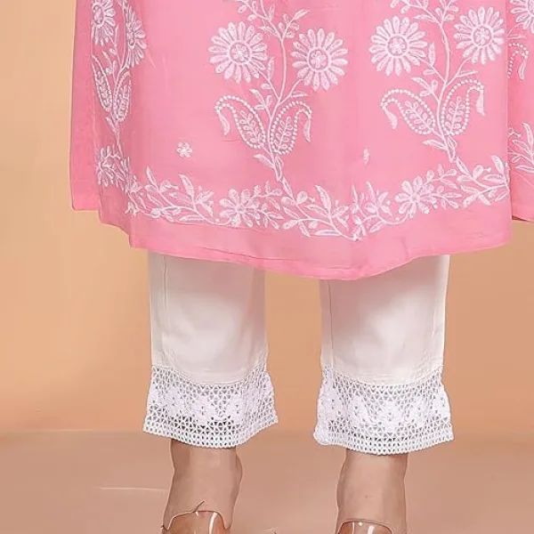 Women's Rayon Embroidered vcut Collar Anarkali Kurti with Pant