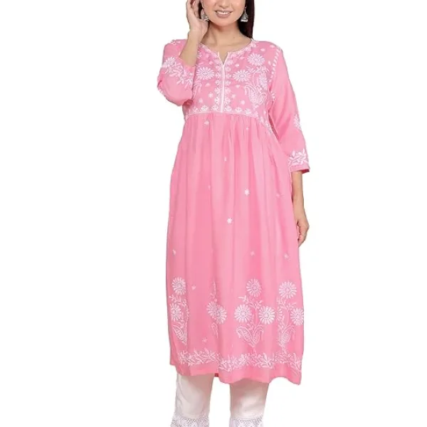 Women's Rayon Embroidered vcut Collar Anarkali Kurti with Pant