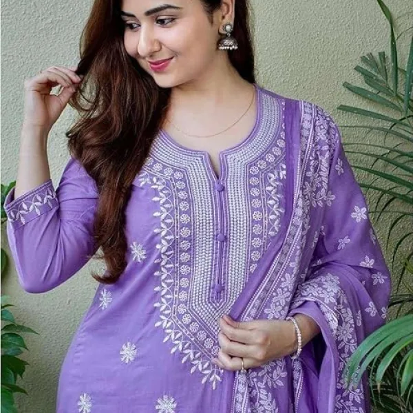 Women’s Cotton Floral Printed Straight Kurti with Pant and Dupatta