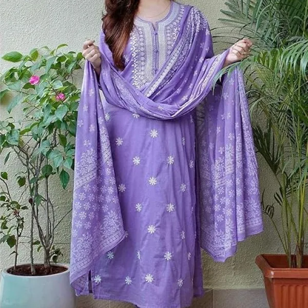 Women’s Cotton Floral Printed Straight Kurti with Pant and Dupatta