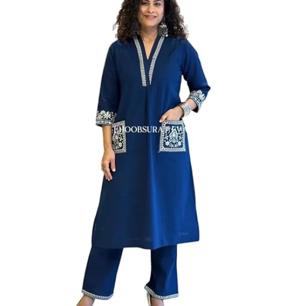 Women's Cotton Embroidery Straight Kurti with Pant Set Blue