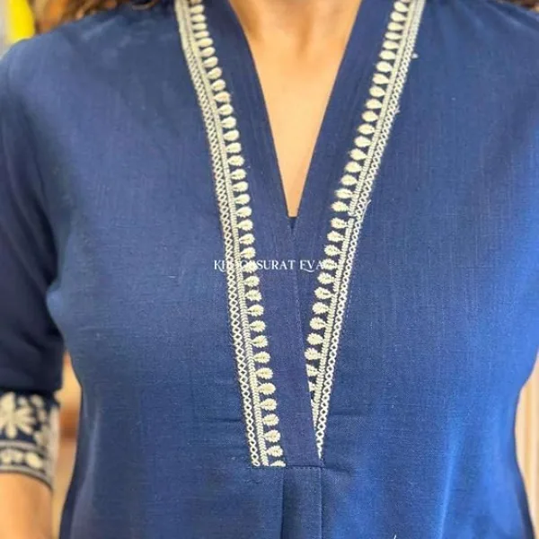 Women's Cotton Embroidery Straight Kurti with Pant Set Blue
