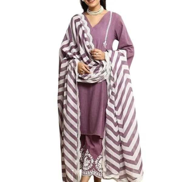 Women's Cotton Embroidered Straight Kurta & Pant with Dupatta Set