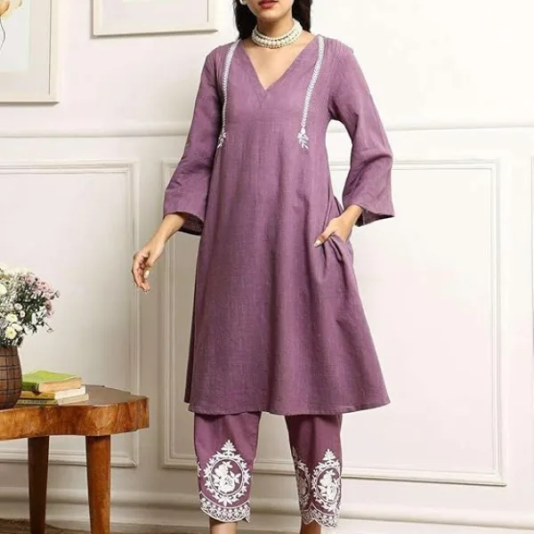 Women's Cotton Embroidered Straight Kurta & Pant with Dupatta Set