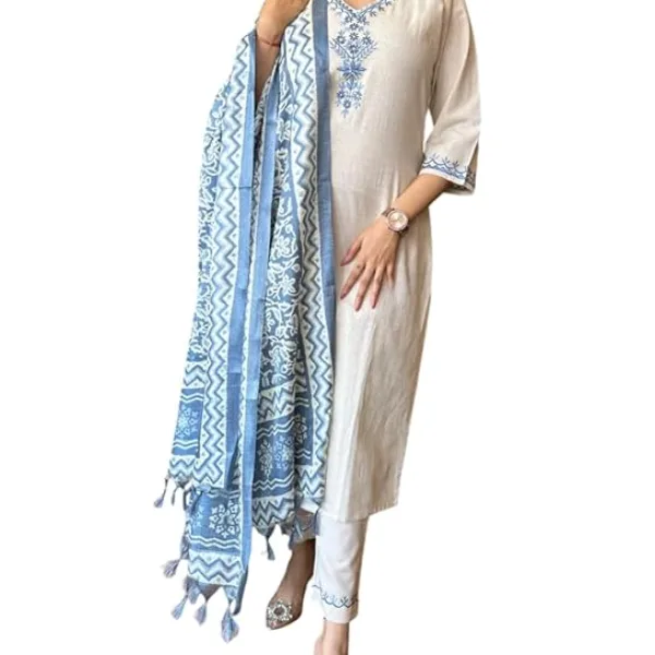 Women's Cotton Embroiderd Straight Kurti with Pant and Printed Dupatta Set