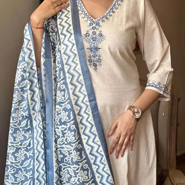 Women's Cotton Embroiderd Straight Kurti with Pant and Printed Dupatta Set