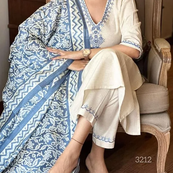 Women's Cotton Embroiderd Straight Kurti with Pant and Printed Dupatta Set