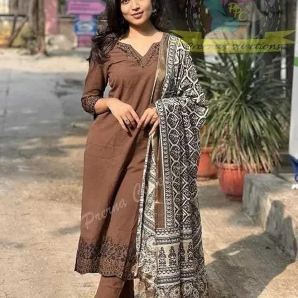Women Pure Cotton Embroidery Straight Kurti with Pant & Dupatta Set
