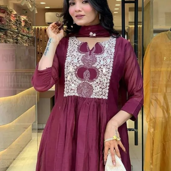 Women's Cotton Printed Anarkali Kurti with Pant and Mulmul Dupatta Set