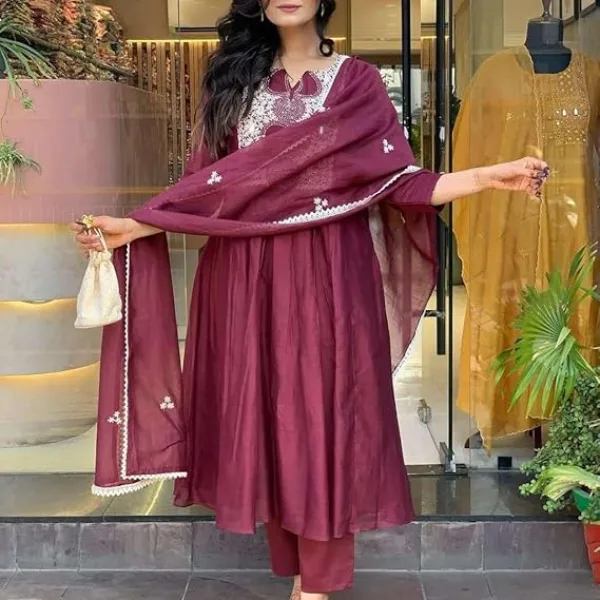 Women's Cotton Printed Anarkali Kurti with Pant and Mulmul Dupatta Set