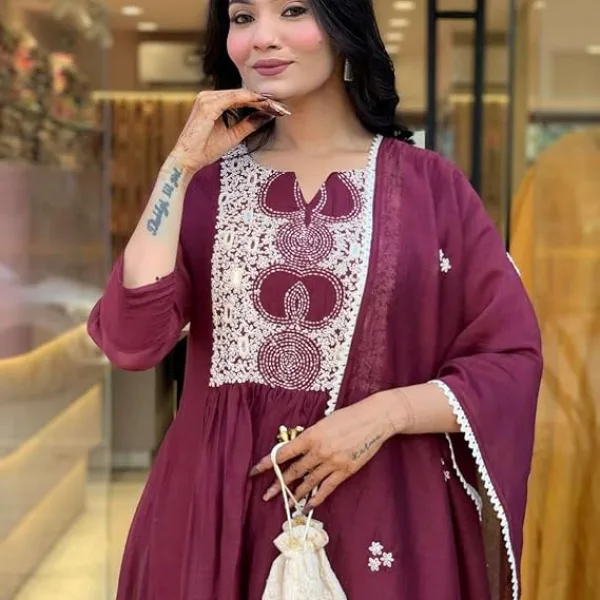 Women's Cotton Printed Anarkali Kurti with Pant and Mulmul Dupatta Set