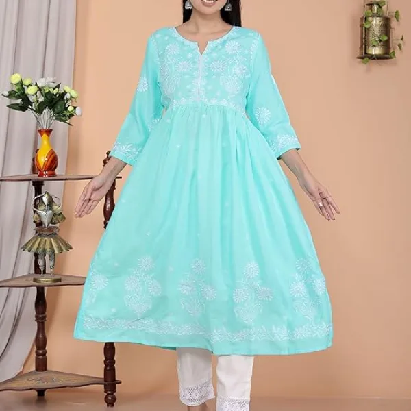 Women's Rayon Embroidered vcut Anarkali Kurti with Pant
