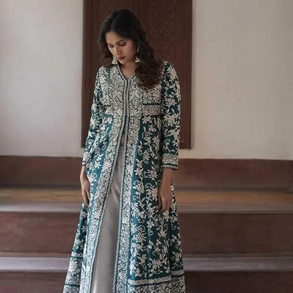 Women's Cotton Embroidered A-Line Kurti with Palazzo Set Green