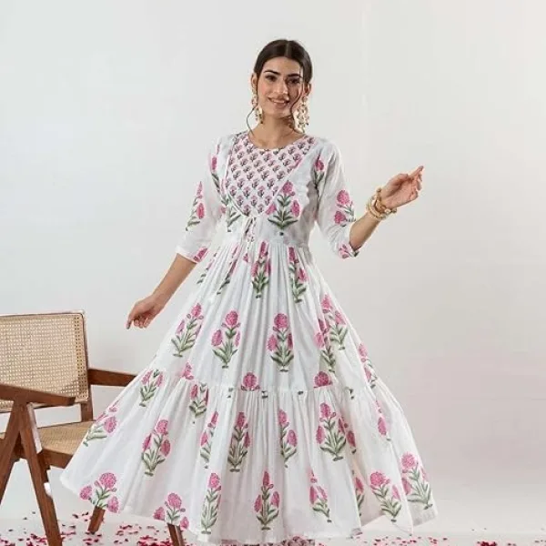 Women's Cotton Floral Printed Long Anarkali Kurti Pant Dupatta White