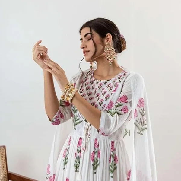 Women's Cotton Floral Printed Long Anarkali Kurti Pant Dupatta White