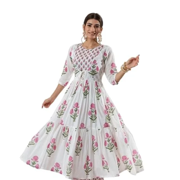 Women's Cotton Floral Printed Long Anarkali Kurti Pant Dupatta White