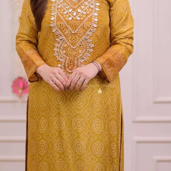 Women's Silk Embroidered Straight Kurti with Pant Dupatta Set Mustered