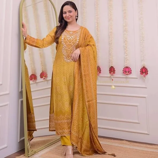 Women's Silk Embroidered Straight Kurti with Pant Dupatta Set Mustered