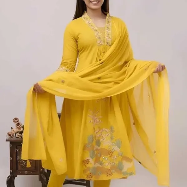 Women's Cotton Embroidery Straight Kurti with Pant Set Yellow