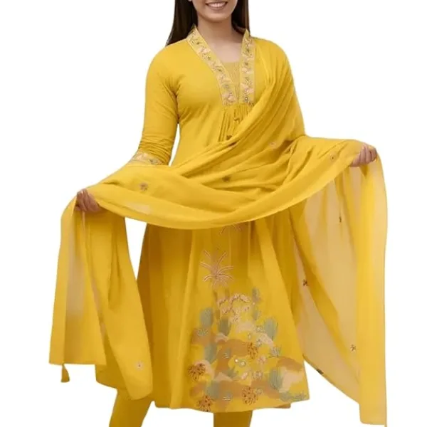Women's Cotton Embroidery Straight Kurti with Pant Set Yellow