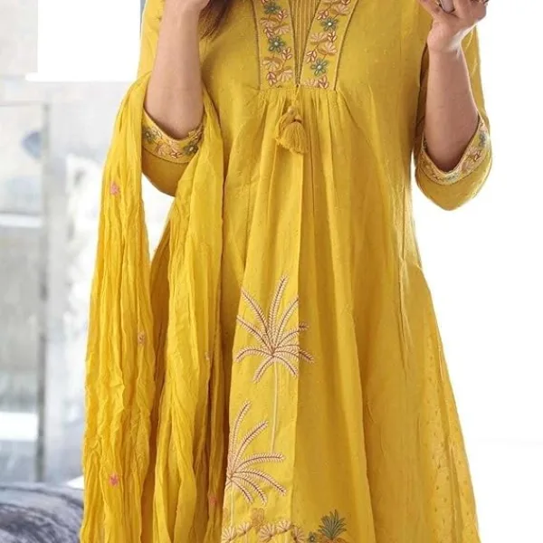 Women's Cotton Embroidery Straight Kurti with Pant Set Yellow