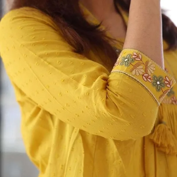 Women's Cotton Embroidery Straight Kurti with Pant Set Yellow