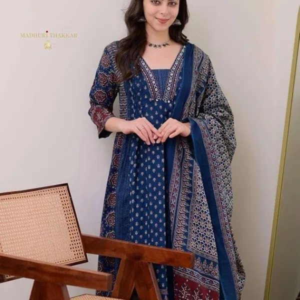 Women's Cotton Printed Premium A-Line Kurti Pant Dupatta Set Blue