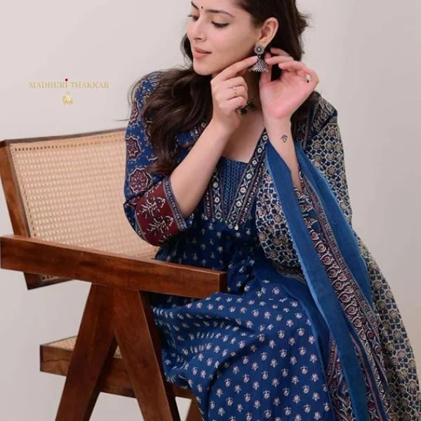 Women's Cotton Printed Premium A-Line Kurti Pant Dupatta Set Blue