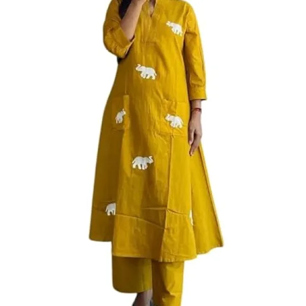 Women's Cotton Printed Straight Kurti Pant Dupatta Set Yellow