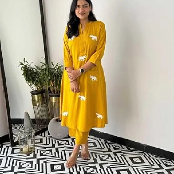 Women's Cotton Printed Straight Kurti Pant Dupatta Set Yellow
