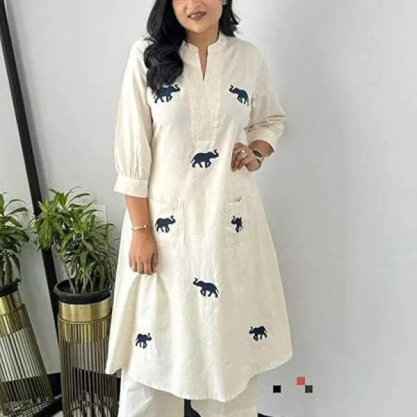 Women's Cotton Printed Straight Kurti with Pant and Dupatta Set