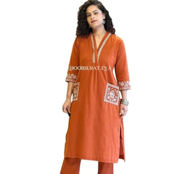 Women's Cotton Embroidery Straight Kurti with Pant Set