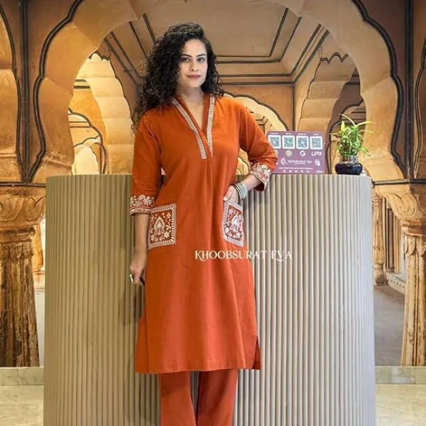 Women's Cotton Embroidered Straight Kurti Pant Set Orange