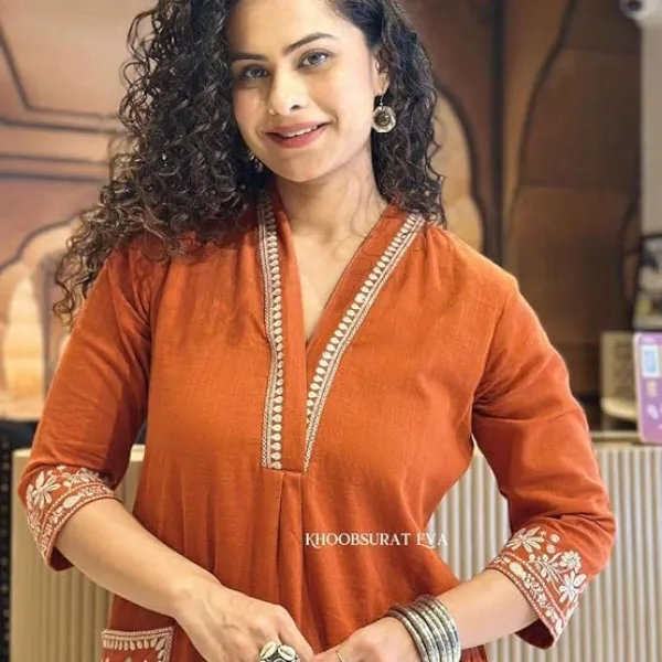 Women's Cotton Embroidered Straight Kurti Pant Set Orange