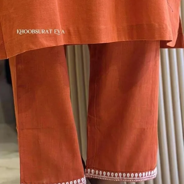 Women's Cotton Embroidered Straight Kurti Pant Set Orange