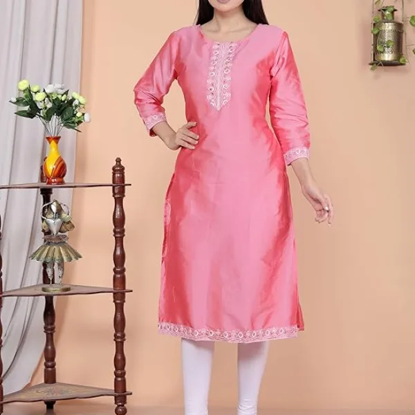 Women's Satin Embroidered Printed Straight Kurti
