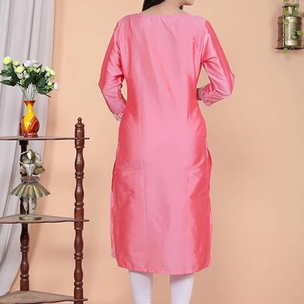 Women's Satin Embroidered Printed Straight Kurti in Premium Fabric Pink