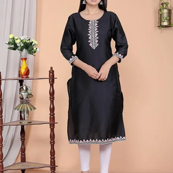 Women's Satin Embroidered Printed Straight Kurti