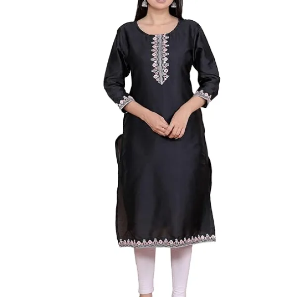 Women's Satin Embroidered Printed Straight Kurti