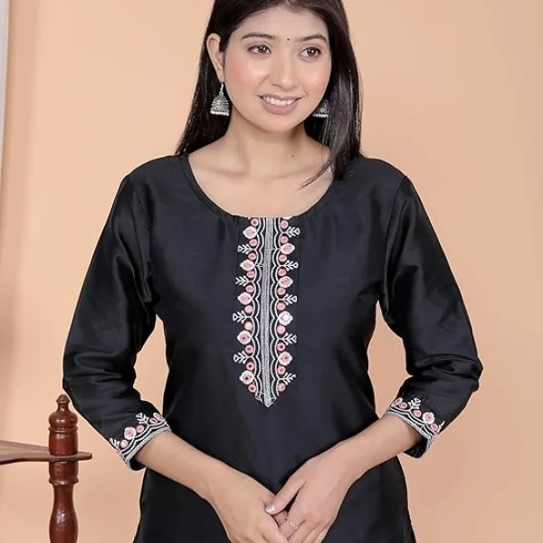 Women's Satin Embroidered Printed Straight Kurti