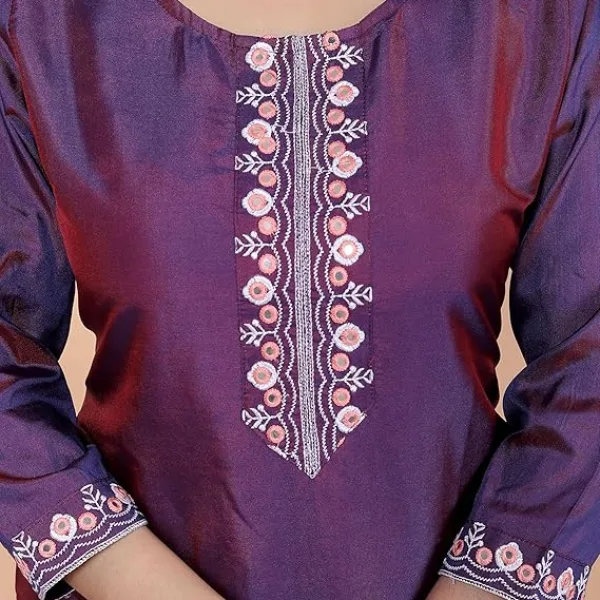 Women's Satin Embroidered Printed Straight Kurti