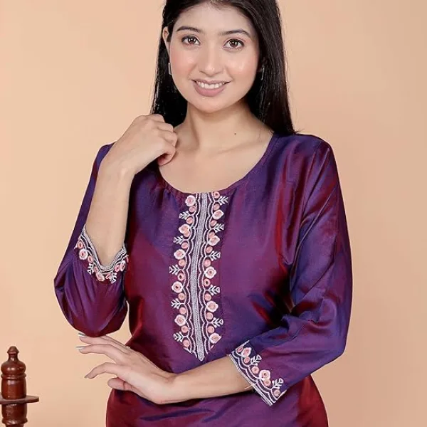 Women's Satin Embroidered Printed Straight Kurti