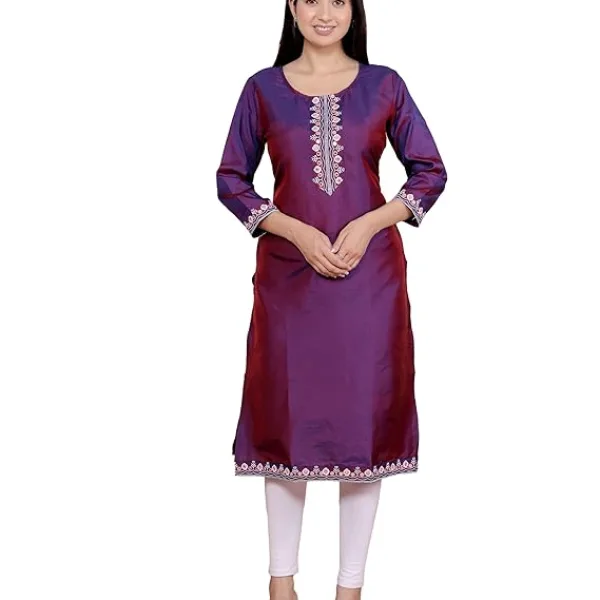 Women's Satin Embroidered Printed Straight Kurti