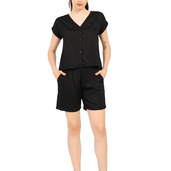 Women Modal Satin Night Suit 2 Pc Shirt Shorts Sleepwear