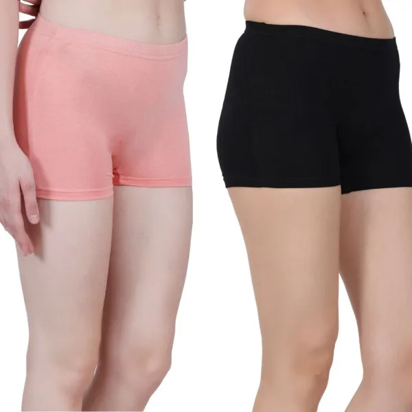 Bamboo Fabric Mid Rise Shorts Peach Black Pack of 2 for Women