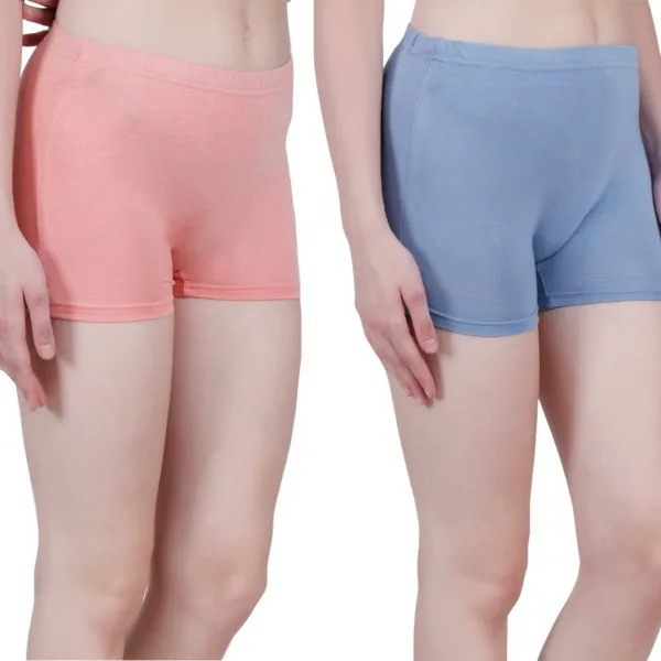 Bamboo Fabric Mid Rise Shorts Peach Blue Pack of 2 for Women