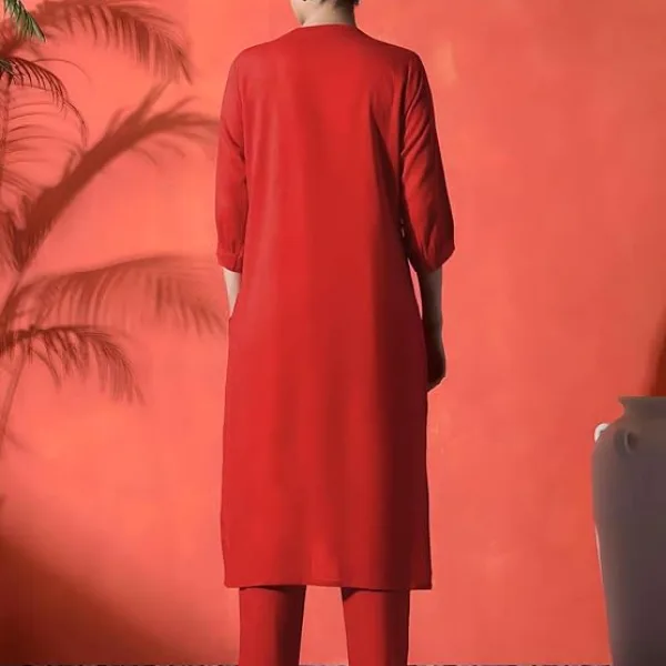 Women's Cotton Embroidered Straight Kurti with Pant Set Red