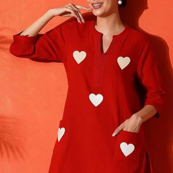 Women's Cotton Embroidered Straight Kurti with Pant Set Red