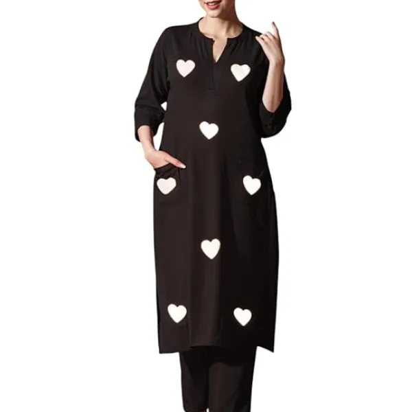 Women's Cotton Embroidered Straight Kurti with Pant Set