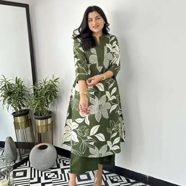 Women's Cotton Floral Printed Straight Kurti Pant Set for Daily Use